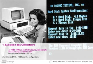1. Evolution des Ordinateurs c. 1980-1995 : Les Ordinateurs personnels Personal Computer / IBM PC / 1981 La bureautique accessible à tous (?) Pour info : de $1600 à $4500 selon les configurations 