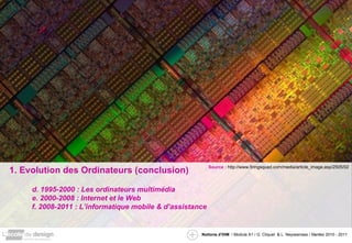 1. Evolution des Ordinateurs (conclusion) d. 1995-2000 : Les ordinateurs multimédia e. 2000-2008 : Internet et le Web f. 2008-2011 : L’informatique mobile & d’assistance Source :  http://www.firingsquad.com/media/article_image.asp/2505/02 