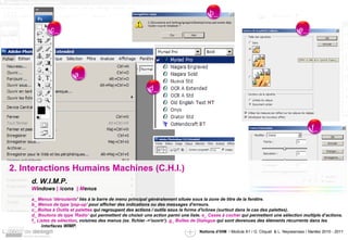 2. Interactions Humains Machines (C.H.I.) d. W.I.M.P. W indows  | I cons   | M enus a_ Menus 'déroulants ' liés à la barre de menu principal généralement située sous la zone de titre de la fenêtre. b_ Menus de type 'pop-up'  pour afficher des indications ou des messages d'erreurs. c_ Boîtes à Outils et palettes  qui regroupent des actions / outils sous la forme d'icônes (surtout dans le cas des palettes). d_ Boutons de type 'Radio'  qui permettent de choisir une action parmi une liste.  e_ Cases à cocher  qui permettent une sélection multiple d’actions. f_ Listes de sélection , voisines des menus (ex. fichier ->'ouvrir‘).  g_ Boîtes de Dialogue  qui sont devenues des éléments récurrents dans les interfaces WIMP. 