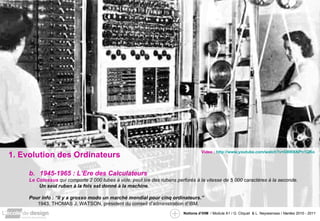 1. Evolution des Ordinateurs 1945-1965 : L’Ere des Calculateurs Le Colossus  qui comporte 2 000 tubes à vide, peut lire des rubans perforés à la vitesse de 5 000 caractères à la seconde.   Un seul ruban à la fois est donné à la machine . Pour info : “Il y a grosso modo un marché mondial pour cinq ordinateurs.” 1943, THOMAS J. WATSON, président du conseil d’administration d’IBM. Video :  http://www.youtube.com/watch?v=O8WXNPn1QKo   