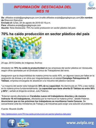 INFORMACIÓN DESTACADA DEL
MES 16
De: afiliados-avipla@googlegroups.com [mailto:afiliados-avipla@googlegroups.com] En nombre
de Direccion Ejecutiva
Enviado el: lunes, 24 de agosto de 2015 03:15 p.m.
Para: afiliados-avipla@googlegroups.com
Asunto: Nota Destacada: 70% ha caído producción en sector plástico del país
70% ha caído producción en sector plástico del país
24 ago, 2015 Crédito de imágenes: Archivo
Alrededor de 70% ha caído la productividad de las empresas del sector plástico en Venezuela,
según cifras aportadas por el Sindicato Unico de Trabajadores del ramo.
Aseguraron que la disponibilidad de materia prima ha caído 40%, en algunos casos por fallas en la
asignación de divisas y en otros por irregularidades en el estatal Complejo Petroquímico El
Tablazo, empresa encargada de abastecer a la industria del plástico nacional.
“La mayoría del sector esta trabajando 30% de su capacidad. Ha disminuido en 70% y eso radica
en la materia prima fundamentalmente. La capacidad que tiene ahorita El Tablazo es entre 50%
y 60%”, señaló el dirigente sindical, Julio Polanco.
“Estarían siendo afectados en Carabobo nueve mil trabajadores directos y de manera
indirecta 16 mil trabajadores, afectados por la merma en la materia prima”, detalló Polanco.
Anunciaron que en los próximos los trabajadores se movilizaran hasta Caracas. Se
concentraran ante los ministerios de Trabajo y de Industrias para exigir una solución al problema.
Fuente: Ricardo Graffe
http://globovision.com/70-ha-caido-produccion-en-sector-plastico-del-pais/
 