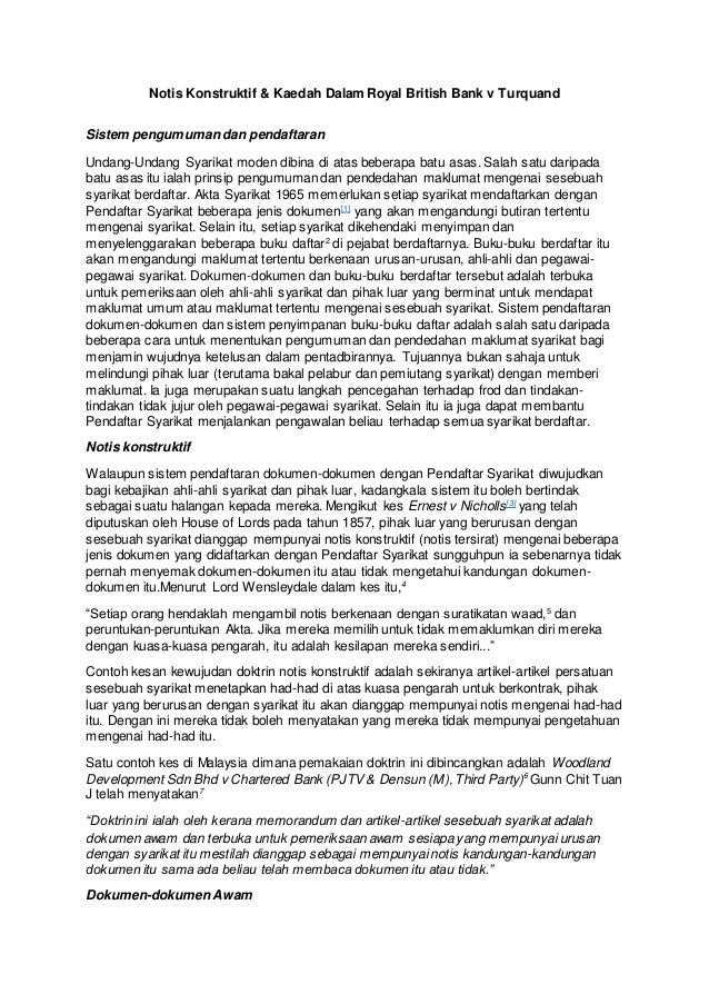 Notis Konstruktif Kaedah Dalam Royal British Bank V Turquand