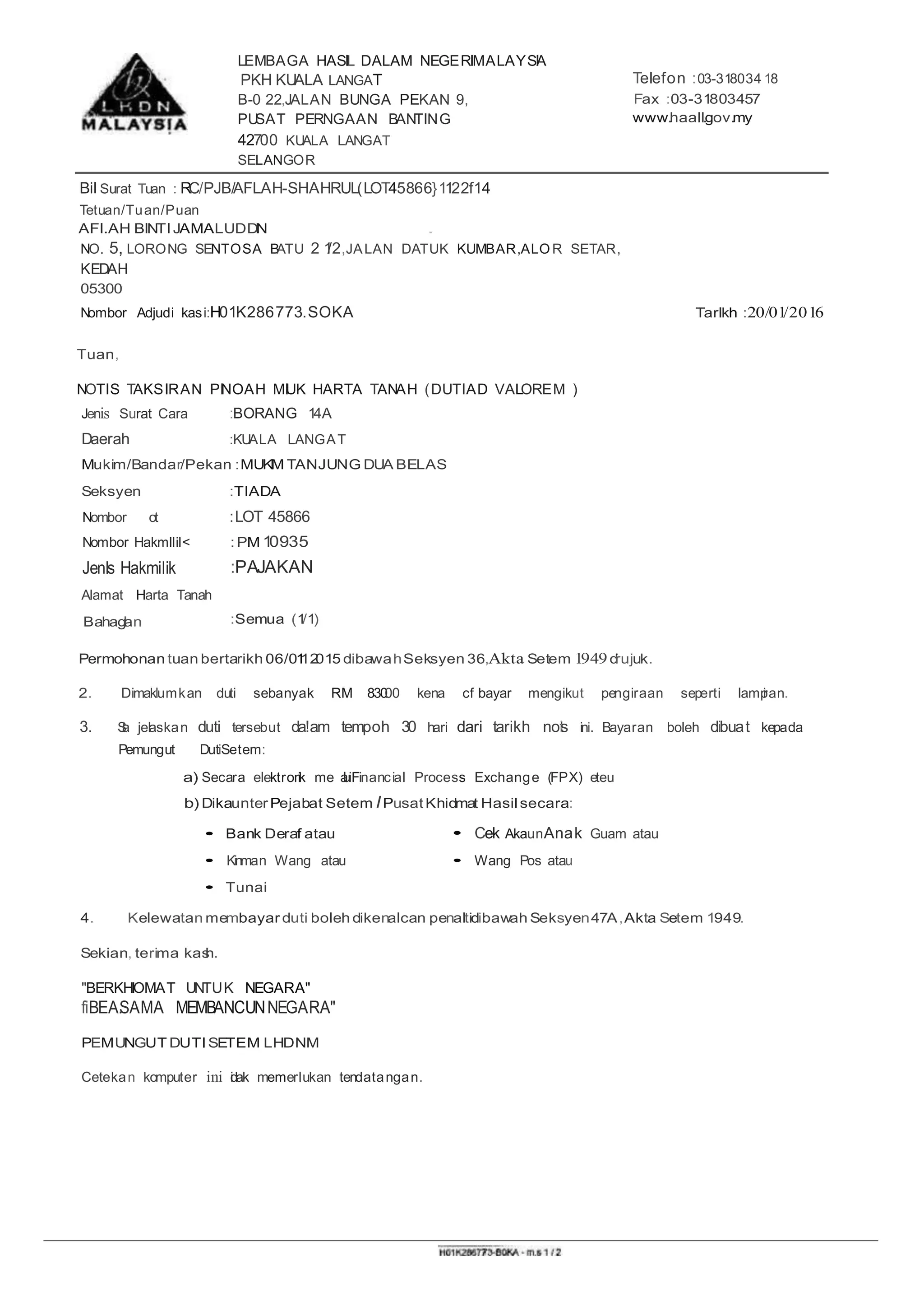 Contoh Notis Taksiran (Palsu - Bagi kegunaan pembelajaran sahaja) | DOCX