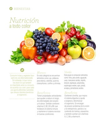 BIENESTAR
Nutrición
a todo color
Consumir frutas y vegetales hace
parte de una dieta balanceada.
Sin embargo, lo que nunca
nos dicen es que también
es importante variar su consumo
de acuerdo a su color, pues cada
uno aporta diferentes nutrientes
que ofrecen distintos beneficios
al organismo.
Blanco
En esta categoría se encuentran
alimentos como: ajo, plátanos,
pera blanca, cebollas, puerros,
champiñones, coliflor y chirivías.
Verde
Este grupo lo componen alimentos
como: lima, pera verde, aguacate,
uvas, manzanas verdes, repollo,
brócoli, espinacas, alcachofas,
espárragos verdes, apio, perejil,
arvejas y pimentones verdes.
Beneﬁcios:
Tienen propiedades antioxidantes
que ayudan a reducir el riesgo
de enfermedades del corazón
y el cáncer. También contienen
vitamina C, B2, B3 y B9, que
fortalecen el sistema inmune
y mantienen el sistema nervioso
en buenas condiciones.
Beneﬁcios
Contienen clorofila, que mejora
el sistema digestivo y ayuda
a oxigenar y desintoxicar
el organismo. Se encargan
de prevenir problemas de la visión
y la osteoporosis, gracias a su
contenido de luteína y zeaxantina
y también cuentan con vitaminas
A, C, B9 y vitamina K.
ENTRE MUJERES
Los mitos más
comunes,
de la sexualidad femenina
Ana Catalina Saldarriaga G
Médica-Master en sexología clínica
Universidad UNED -España
A través de la historia de la humanidad,
se han generado innumerables mitos sobre
la sexualidad; explicaciones o interpretaciones falsas,
que repetidas muchas veces son confundidas como
verdades. Esto es dado a creencias familiares,
religiosas y medios de comunicación, que van
formando nuestro concepto sobre la sexualidad
condicionando nuestro comportamiento hacia ella,
sin importar el nivel socioeconómico, cultural ,
ni la edad y sin tener en la mayoría de los casos
una base científica que los respalden.
Estos mitos son percibidos tan ciertos, que pueden
llevar a producir un alto nivel de ansiedad y stress
que afectan el desarrollo de la sexualidad, pues se han
generado altas expectativas sobre esta, llevando
a una disminución del placer sexual por frustración.
Algunos de los mitos
más comunes son:
1. “Las mujeres sienten menos deseo sexual…” Las
mujeres al igual que los hombres tienen la misma
capacidad de excitarse, tener orgasmos y disfrutar del
sexo, aunque las respuestas y sensaciones son
distintas. Sin embargo en periodo post- menopaúsico,
 