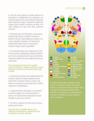El inicio de estos ejercicios consiste entonces en
descalzarnos completamente (sin calcetines), nos
ponemos de pie con los ojos cerrados durante unos
pocos segundos y luego, visualizamos la planta de
nuestros pies haciendo conciencia de ellos en el
suelo. Después de hacer este ritual, podremos
comenzar:
1. Empezamos por uno de los pies, el que quieras
(puedes seguir de pie o sentarte). Ponemos la
pelota de silicona o goma debajo de la planta y con
mucha suavidad, la pasamos a lo largo del pie,
desde el talón hasta la punta, sin presiones,
haciendo masajes suaves y agradables
2. Es importante saber que la respiración es clave
en esta sesión de reflexoterapia. Respira inhalando
por la nariz y expulsando por la boca, lentamente y
sintiendo la sanación de cada órgano del cuerpo en
cada respiro.
Si al masajear los pies con la pelota
sientes molestias, respira profundo y sigue
haciendo el ejercicio hasta que disminuya
el dolor.
3. Recorremos dos veces más la planta del pie con
la pelota y seguimos relajando aquellos puntos
donde más se sienta la molestia o el dolor, esto
debe ser un proceso muy lento para sentir el efecto
relajante de la reflexoterapia.
4. Luego de terminar estos pasos, nos quedamos
en silencio, quietos, con los ojos cerrados, en
calma y con la planta del pie apoyada en el suelo
alrededor de unos cinco minutos.
5. Por último, hacemos lo mismo con el otro pie y
podrás sentir el alivio
Este ejercicio lo puedes hacer en la
mañana al despertarte, después de una
caminata o de hacer deporte.
1. Cabeza
2. Senos frontales
3. Ojos
4. Orejas
5. Espalda
6. Pulmones y bronquios
7. Tiroides
8. Corazón
9. Estómago
10. Duodeno y páncreas
11. Riñón
12. Colon transverso
13. Rodilla
14. Vejiga
15. Testiculos y ovarios
16. Nervio ciático
17. Colon ascendente
18. Apéndice e ileon
19. Colon descendente
20. Intestino recto
21. Bazo
22. Hígado
23. Vesicula biliar
24. Duodeno
Si sigues estos consejos empezarás a sentir
alivio en los diferentes órganos de tu cuerpo.
Además, te ayudará a encontrarte contigo mismo
y mantener una excelente calidad de vida y
bienestar, sin embargo, ten en cuenta siempre
consultar a tú médico en caso de molestia o
dolor al practicarla.
 