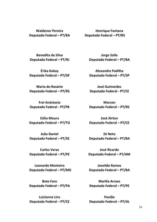 16
Waldenor Pereira
Deputado Federal – PT/BA
Henrique Fontana
Deputado Federal – PT/RS
Benedita da Silva
Deputada Federal – PT/RJ
Érika Kokay
Deputada Federal – PT/DF
Maria do Rosário
Deputada Federal – PT/RS
Frei Anástacio
Deputado Federal - PT/PB
Célio Moura
Deputado Federal – PT/TO
João Daniel
Deputado Federal – PT/SE
Carlos Veras
Deputado Federal – PT/PE
Leonardo Monteiro
Deputado Federal – PT/MG
Beto Faro
Deputado Federal – PT/PA
Luizianne Lins
Deputada Federal – PT/CE
Jorge Solla
Deputado Federal – PT/BA
Alexandre Padilha
Deputado Federal – PT/SP
José Guimarães
Deputado Federal - PT/CE
Marcon
Deputado Federal – PT/RS
José Airton
Deputado Federal – PT/CE
Zé Neto
Deputado Federal – PT/BA
José Ricardo
Deputado Federal – PT/AM
Joseildo Ramos
Deputado Federal – PT/BA
Marília Arraes
Deputada Federal – PT/PE
Paulão
Deputado Federal – PT/AL
 