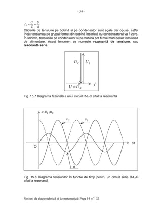 - 54 -
Notiuni de electrotehnicã si de matematicã: Page 54 of 102
R
U
Z
U
I ==0
Cãderile de tensiune pe bobinã si pe condensator sunt egale dar opuse, astfel
încât tensiunea pe grupul format din bobinã înseriatã cu condensatorul va fi zero.
În schimb, tensiunile pe condensator si pe bobinã pot fi mai mari decât tensiunea
de alimentare. Acest fenomen se numeste rezonantã de tensiune, sau
rezonantã serie.
Fig. 15.7 Diagrama fazorialã a unui circuit R-L-C aflat la rezonantã
Fig. 15.8 Diagrama tensiunilor în functie de timp pentru un circuit serie R-L-C
aflat la rezonantã
LUCU
I
RUU =
tω
CL uuu ;;
u
LuCu
O
 