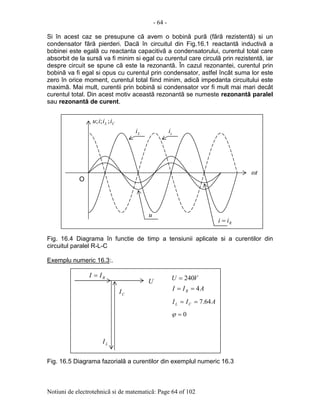 - 64 -
Notiuni de electrotehnicã si de matematicã: Page 64 of 102
Si în acest caz se presupune cã avem o bobinã purã (fãrã rezistentã) si un
condensator fãrã pierderi. Dacã în circuitul din Fig.16.1 reactantã inductivã a
bobinei este egalã cu reactanta capacitivã a condensatorului, curentul total care
absorbit de la sursã va fi minim si egal cu curentul care circulã prin rezistentã, iar
despre circuit se spune cã este la rezonantã. În cazul rezonantei, curentul prin
bobinã va fi egal si opus cu curentul prin condensator, astfel încât suma lor este
zero în orice moment, curentul total fiind minim, adicã impedanta circuitului este
maximã. Mai mult, curentii prin bobinã si condensator vor fi mult mai mari decât
curentul total. Din acest motiv aceastã rezonantã se numeste rezonantã paralel
sau rezonantã de curent.
Fig. 16.4 Diagrama în functie de timp a tensiunii aplicate si a curentilor din
circuitul paralel R-L-C
Exemplu numeric 16.3:.
Fig. 16.5 Diagrama fazorialã a curentilor din exemplul numeric 16.3
U
LI
CI AII R 4==
AII CL 64.7==
VU 240=
0=ϕ
RII =
tω
u
O
CL iiiu ;;;
Li ci
Rii =
 