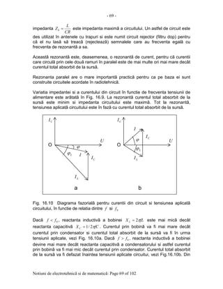 - 69 -
Notiuni de electrotehnicã si de matematicã: Page 69 of 102
impedanta
CR
L
Z =0 este impedanta maximã a circuitului. Un astfel de circuit este
des utilizat în antenele cu trapuri si este numit circuit rejector (filtru dop) pentru
cã el nu lasã sã treacã (rejecteazã) semnalele care au frecventa egalã cu
frecventa de rezonantã a sa.
Aceastã rezonantã este, deasemenea, o rezonantã de curent, pentru cã curentii
care circulã prin cele douã ramuri în paralel este de mai multe ori mai mare decât
curentul total absorbit de la sursã.
Rezonanta paralel are o mare importantã practicã pentru ca pe baza ei sunt
construite circuitele acordate în radiotehnicã.
Variatia impedantei si a curentului din circuit în functie de frecventa tensiunii de
alimentare este arãtatã în Fig. 16.9. La rezonantã curentul total absorbit de la
sursã este minim si impedanta circuitului este maximã. Tot la rezonantã,
tensiunea aplicatã circuitului este în fazã cu curentul total absorbit de la sursã.
Fig. 16.10 Diagrama fazorialã pentru curentii din circuit si tensiunea aplicatã
circuitului, în functie de relatia dintre f si 0f
Dacã 0ff < , reactanta inductivã a bobinei fLX L π2= este mai micã decât
reactanta capacitivã fCXC π2/1= . Curentul prin bobinã va fi mai mare decât
curentul prin condensator si curentul total absorbit de la sursã va fi în urma
tensiunii aplicate, vezi Fig. 16.10a. Dacã 0ff > , reactanta inductivã a bobinei
devine mai mare decât reactanta capacitivã a condensatorului si astfel curentul
prin bobinã va fi mai mic decât curentul prin condensator. Curentul total absorbit
de la sursã va fi defazat înaintea tensiunii aplicate circuitui, vezi Fig.16.10b. Din
LI
CI
U
O
CI
I
ϕ
LI
CI
U
O
CI
I
ϕ
a b
Lϕ
Lϕ
 