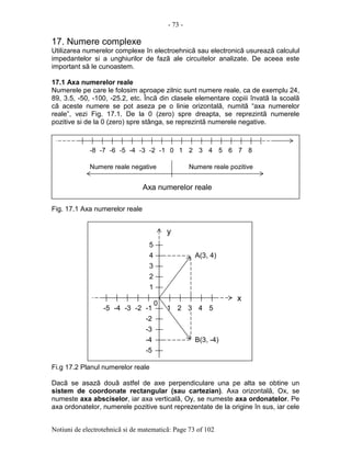 - 73 -
Notiuni de electrotehnicã si de matematicã: Page 73 of 102
17. Numere complexe
Utilizarea numerelor complexe în electroehnicã sau electronicã usureazã calculul
impedantelor si a unghiurilor de fazã ale circuitelor analizate. De aceea este
important sã le cunoastem.
17.1 Axa numerelor reale
Numerele pe care le folosim aproape zilnic sunt numere reale, ca de exemplu 24,
89, 3.5, -50, -100, -25.2, etc. Încã din clasele elementare copiii învatã la scoalã
cã aceste numere se pot aseza pe o linie orizontalã, numitã “axa numerelor
reale”, vezi Fig. 17.1. De la 0 (zero) spre dreapta, se reprezintã numerele
pozitive si de la 0 (zero) spre stânga, se reprezintã numerele negative.
Fig. 17.1 Axa numerelor reale
Fi.g 17.2 Planul numerelor reale
Dacã se asazã douã astfel de axe perpendiculare una pe alta se obtine un
sistem de coordonate rectangular (sau cartezian). Axa orizontalã, Ox, se
numeste axa absciselor, iar axa verticalã, Oy, se numeste axa ordonatelor. Pe
axa ordonatelor, numerele pozitive sunt reprezentate de la origine în sus, iar cele
0 1 2 3 4 5 6 7 8-1-2-3-4-5-6-7-8
Numere reale pozitiveNumere reale negative
Axa numerelor reale
0
1 2 3 4 5-1-2-3-4-5
1
2
3
4
5
-2
-3
-4
-5
x
y
A(3, 4)
B(3, -4)
 