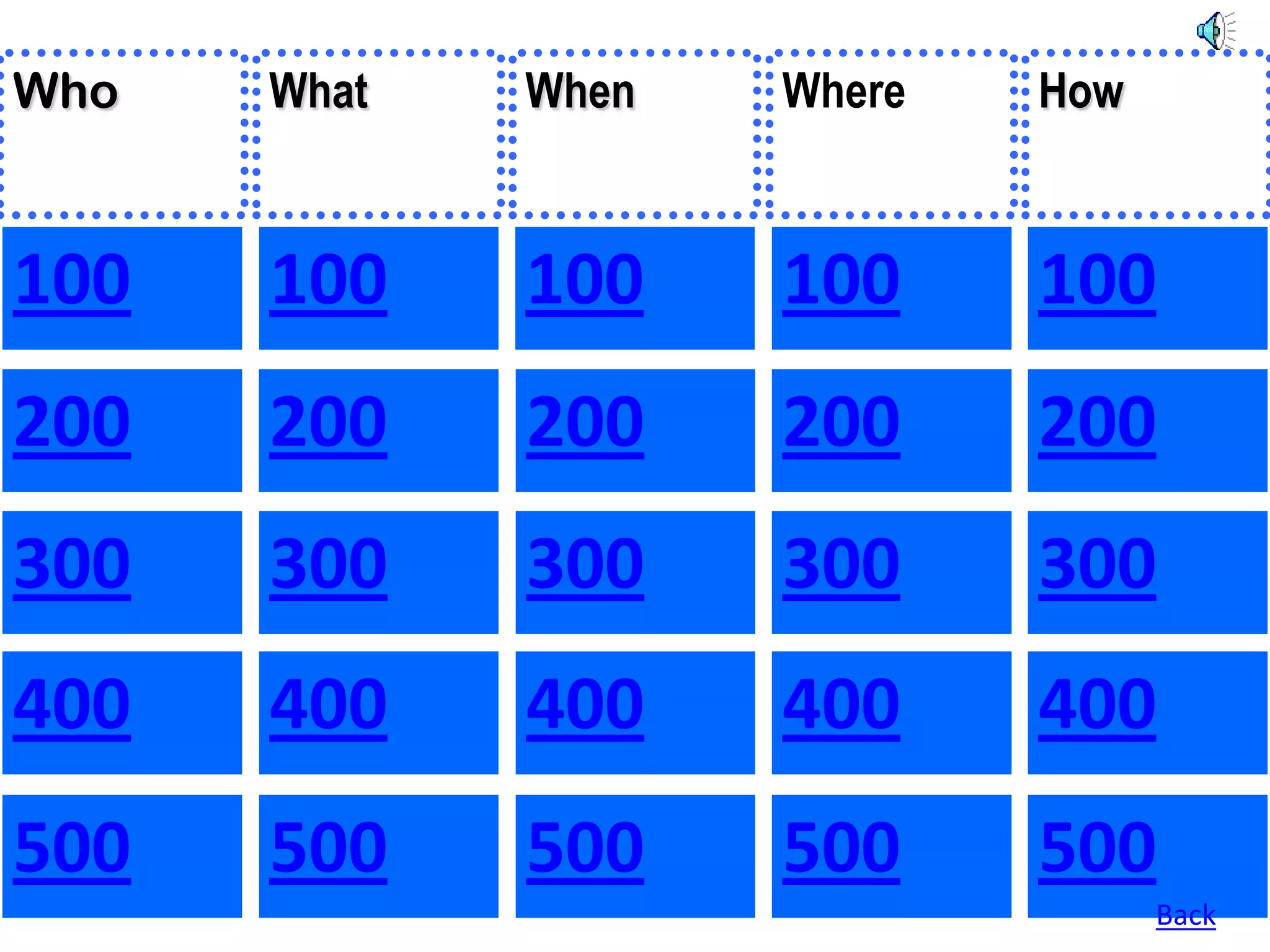 Who   What   When   Where   How


100   100    100    100     100
200   200    200    200     200
300   300    300    300     300
400   400    400    400     400
500   500    500    500     500
                                  Back
 