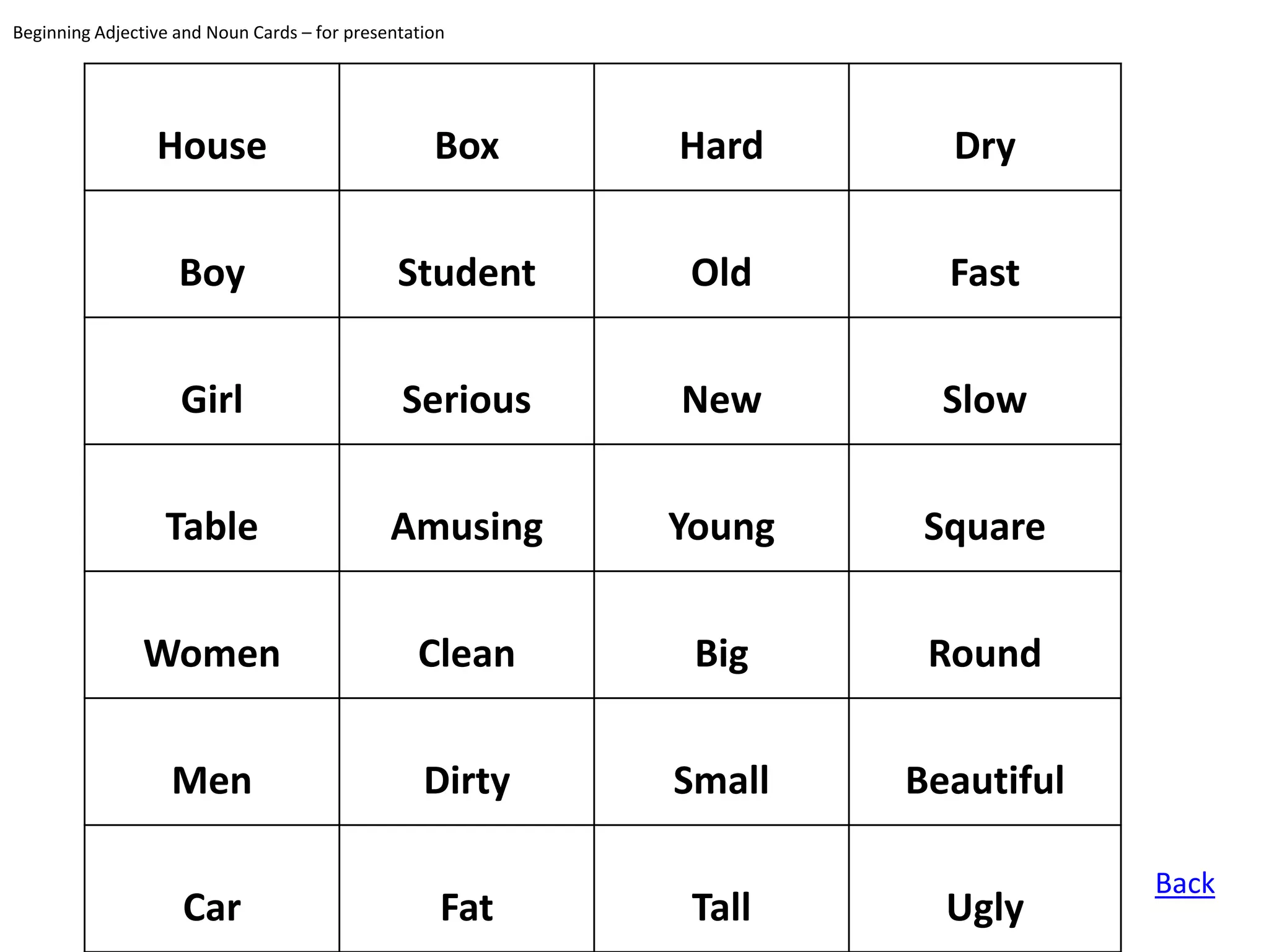Beginning Adjective and Noun Cards – for presentation




                 House                             Box    Hard      Dry

                    Boy                        Student     Old      Fast


                    Girl                       Serious    New       Slow


                  Table                       Amusing     Young    Square


               Women                             Clean     Big     Round


                   Men                            Dirty   Small   Beautiful

                                                                              Back
                    Car                             Fat    Tall     Ugly
 