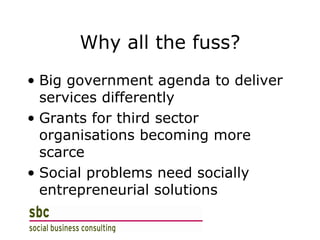 Why all the fuss? Big government agenda to deliver services differently Grants for third sector organisations becoming more scarce Social problems need socially entrepreneurial solutions 