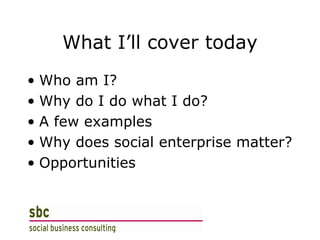 What I’ll cover today Who am I? Why do I do what I do? A few examples Why does social enterprise matter? Opportunities 