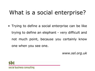 What is a social enterprise? Trying to define a social enterprise can be like trying to define an elephant - very difficult and not much point, because you certainly know one when you see one.  www.sel.org.uk 