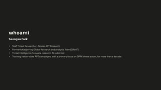 whoami
Seongsu Park
• Staff Threat Researcher, Zscaler APT Research
• Formerly Kaspersky Global Research and Analysis Team(GReAT)
• Threat intelligence, Malware research, AI-addicted
• Tracking nation-state APT campaigns, with a primary focus on DPRK threat actors, for more than a decade.
 