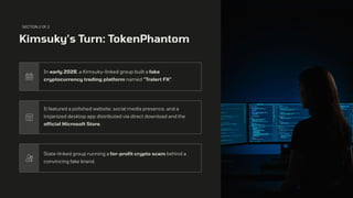 SECTION 2 OF 2
Kimsuky's Turn: TokenPhantom
In early 2026, a Kimsuky-linked group built a fake
cryptocurrency trading platform named "Tralert FX"
It featured a polished website, social media presence, and a
trojanized desktop app distributed via direct download and the
official Microsoft Store.
State-linked group running a for-profit crypto scam behind a
convincing fake brand.
 