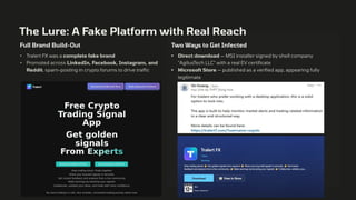 The Lure: A Fake Platform with Real Reach
Full Brand Build-Out
• Tralert FX was a complete fake brand
• Promoted across LinkedIn, Facebook, Instagram, and
Reddit, spam-posting in crypto forums to drive traffic
Two Ways to Get Infected
• Direct download — MSI installer signed by shell company
"AgilusTech LLC" with a real EV certificate
• Microsoft Store — published as a verified app, appearing fully
legitimate
 