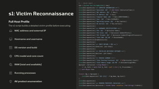 s1: Victim Reconnaissance
Full Host Profile
The s1 script builds a detailed victim profile before executing:
MAC address and external IP
Hostname and username
OS version and build
CPU model and core count
RAM (total and available)
Running processes
AV product enumeration
# --- Build report ---
$sb = [System.Text.StringBuilder]::new()
[void]$sb.AppendLine('=== COMPUTER INFORMATION ===')
[void]$sb.AppendLine(('Generated: {0}' -f (Get-Date).ToUniversalTime()))
[void]$sb.AppendLine(('MAC Address: {0}' -f $mac))
[void]$sb.AppendLine(('IP Address: {0}' -f $ip))
[void]$sb.AppendLine(('Computer Name: {0}' -f $env:COMPUTERNAME))
[void]$sb.AppendLine(('User: {0}' -f $env:USERNAME))
[void]$sb.AppendLine(('Operating System: {0}' -f $os.Caption))
[void]$sb.AppendLine(('OS Version: {0}' -f $os.Version))
[void]$sb.AppendLine()
[void]$sb.AppendLine('=== HARDWARE SPECIFICATIONS ===')
[void]$sb.AppendLine(('CPU: {0}' -f $processor.Name))
[void]$sb.AppendLine(('CPU Cores: {0}' -f $processor.NumberOfCores))
[void]$sb.AppendLine(('CPU Threads: {0}' -f $processor.NumberOfLogicalProcessors))
[void]$sb.AppendLine(('Total RAM: {0} GB' -f $totalRamGB))
[void]$sb.AppendLine($ramDetailsLine)
[void]$sb.AppendLine()
[void]$sb.AppendLine('=== INPUT METHOD / IME ===')
[void]$sb.AppendLine(($imeLines -join $sep))
[void]$sb.AppendLine()
[void]$sb.AppendLine('=== INSTALLED ANTIVIRUS SOFTWARE ===')
[void]$sb.AppendLine(($avLines -join $sep))
[void]$sb.AppendLine()
[void]$sb.AppendLine('=== PROCESS SUMMARY ===')
[void]$sb.AppendLine(('Total Running Processes: {0}' -f @($processes).Count))
[void]$sb.AppendLine(('Total Memory Usage: {0} MB' -f $totalWorkingSetMB))
$grouped = $processes | Group-Object {
if ($_.Path) { Split-Path $_.Path -Leaf } else { $_.ProcessName }
} | Sort-Object Name
foreach ($g in $grouped) {
[void]$sb.AppendLine(('{0} ({1})' -f $g.Name, $g.Count))
}
[void]$sb.AppendLine()
[void]$sb.AppendLine('=== RUNNING PROCESSES (Detailed) ===')
[void]$sb.AppendLine(($processes | Format-Table -AutoSize | Out-String).TrimEnd())
 