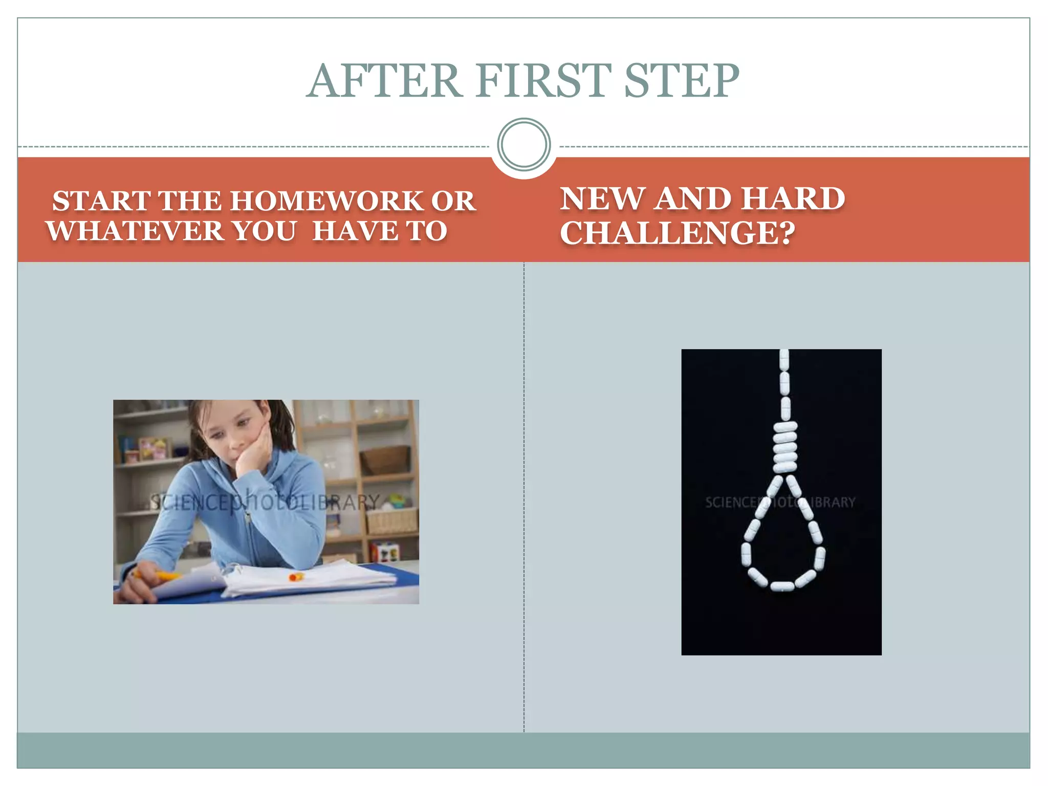 START THE HOMEWORK OR
WHATEVER YOU HAVE TO
NEW AND HARD
CHALLENGE?
AFTER FIRST STEP
 