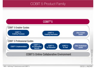  COBIT 5 is initially in 3 volumes:
 COBIT 5: A Business Framework for
the Governance and Management
of Enterprise IT
 COBIT 5: Enabling Processes
 COBIT 5: Implementation
 Several guides acts as extension
 COBIT 5: for Information Security
 COBIT 5: for Risk
 Simplified:
 COBIT 5 directly addresses the
needs of the viewer from different
perspectives.
 Development continues with
specific practitioner guides
 COBIT 5 is based on:
 5 principles
 7 enablers
©2013ISACA.AllRightsReserved.
12/22 | 24/246M01 - Defining IT Governance and COBIT 5
 