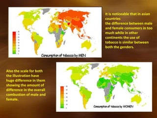 It is noticeable that in asian
countries
the difference between male
and female consumers in too
much while in other
continents the use of
tobacco is similar between
both the genders.
Also the scale for both
the illustration have
huge difference in them
showing the amount of
difference in the overall
combustion of male and
female.
 