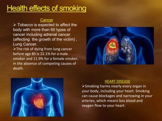 Health effects of smoking
Cancer
 Tobacco is expected to affect the
body with more than 60 types of
cancer including adrenal cancer
(affecting the growth of the victim) ,
Lung Cancer.
The risk of dying from lung cancer
before age 85 is 22.1% for a male
smoker and 11.9% for a female smoker,
in the absence of competing causes of
death.
HEART DISEASE
Smoking harms nearly every organ in
your body, including your heart. Smoking
can cause blockages and narrowing in your
arteries, which means less blood and
oxygen flow to your heart.
 