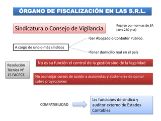 Sindicatura o Consejo de Vigilancia
Regirse por normas de SA
(arts 280 y ss)
A cargo de uno o más síndicos
Resolución
Técnica N°
15 FACPCE
•Ser Abogado o Contador Público.
•Tener domicilio real en el país
las funciones de síndico y
auditor externo de Estados
Contables
COMPATIBILIDAD
ÓRGANO DE FISCALIZACIÓN EN LAS S.R.L.
No es su función el control de la gestión sino de la legalidad
No aconsejar cursos de acción a accionistas y abstenerse de opinar
sobre proyecciones
 