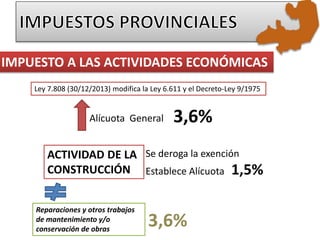 Ley 7.808 (30/12/2013) modifica la Ley 6.611 y el Decreto-Ley 9/1975
Alícuota General 3,6%
Se deroga la exenciónACTIVIDAD DE LA
CONSTRUCCIÓN 1,5%Establece Alícuota
Reparaciones y otros trabajos
de mantenimiento y/o
conservación de obras
3,6%
IMPUESTO A LAS ACTIVIDADES ECONÓMICAS
 