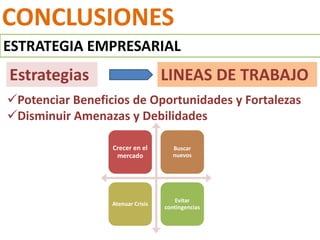 Crecer en el
mercado
Buscar
nuevos
Atenuar Crisis
Evitar
contingencias
ESTRATEGIA EMPRESARIAL
CONCLUSIONES
Estrategias LINEAS DE TRABAJO
Potenciar Beneficios de Oportunidades y Fortalezas
Disminuir Amenazas y Debilidades
 