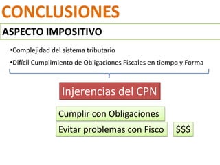 ASPECTO IMPOSITIVO
CONCLUSIONES
•Complejidad del sistema tributario
•Difícil Cumplimiento de Obligaciones Fiscales en tiempo y Forma
Injerencias del CPN
Cumplir con Obligaciones
Evitar problemas con Fisco $$$
 