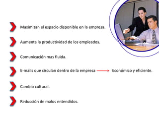 E-mails que circulan dentro de la empresa Económico y eficiente.
Maximizan el espacio disponible en la empresa.
Aumenta la productividad de los empleados.
Comunicación mas fluida.
Cambio cultural.
Reducción de malos entendidos.
 
