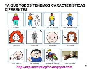 3
YA QUE TODOS TENEMOS CARACTERISTICAS
DIFERENTES
http://miplanestrategico.blogspot.com
 