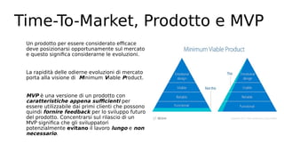 Time-To-Market, Prodotto e MVP
Un prodotto per essere considerato efficace
deve posizionarsi opportunamente sul mercato
e questo significa considerarne le evoluzioni.
La rapidità delle odierne evoluzioni di mercato
porta alla visione di Minimum Viable Product.
MVP è una versione di un prodotto con
caratteristiche appena sufficienti per
essere utilizzabile dai primi clienti che possono
quindi fornire feedback per lo sviluppo futuro
del prodotto. Concentrarsi sul rilascio di un
MVP significa che gli sviluppatori
potenzialmente evitano il lavoro lungo e non
necessario.
 
