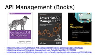 API Management (Books)

https://www.amazon.it/Continuous-API-Management-Decisions-Landscape/dp/1492043559

https://www.amazon.it/Enterprise-Management-Luis-Augusto-Weir/dp/1787284433

https://www.amazon.it/API-Management-Architects-Developing-Organization-ebook/dp/B06XRTNZNN
 