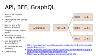 API, BFF, GraphQL

https://speakerdeck.com/timakin/go-backends-for-frontends-with-
graphql-and-grpc

https://medium.com/tech-tajawal/backend-for-frontend-using-gra
phql-under-microservices-5b63bbfcd7d9

https://www.infoq.com/presentations/graphql-bff/

Good fit for complex
systems

Fetching data with a single
API call

No over- and under-
fetching problems

Tailoring requests to your
needs

Validation and type
checking out-of-the-box. ...

Auto-generating API
documentation.

API evolution without
versioning.

Code-sharing.
 