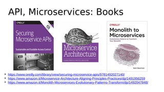 API, Microservices: Books

https://www.oreilly.com/library/view/securing-microservice-apis/9781492027140/

https://www.amazon.it/Microservice-Architecture-Aligning-Principles-Practices/dp/1491956259

https://www.amazon.it/Monolith-Microservices-Evolutionary-Patterns-Transform/dp/1492047848/
 