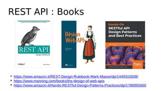 REST API : Books

https://www.amazon.it/REST-Design-Rulebook-Mark-Masse/dp/1449310508/

https://www.manning.com/books/the-design-of-web-apis

https://www.amazon.it/Hands-RESTful-Design-Patterns-Practices/dp/1788992660
 