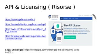 API & Licensing ( Risorse )
https://www.apilicens.se/en/
https://opendefinition.org/licenses/api/
https://wiki.p2pfoundation.net/Open_A
PI_License
https://matija.suklje.name/popular-lice
nses-in-openapi
Legal Challenges: https://nordicapis.com/challenges-the-api-industry-faces-
in-2021/
 