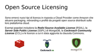 Open Source Licensing
Sono emersi nuovi tipi di licenza in risposta a Cloud Provider come Amazon che
attuano packaging, re...