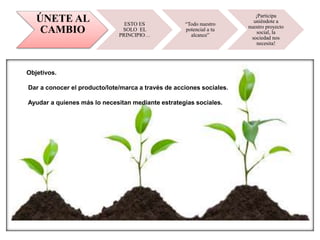 ÚNETE AL
CAMBIO
ESTO ES
SOLO EL
PRINCIPIO…
“Todo nuestro
potencial a tu
alcance”
¡Participa
uniéndote a
nuestro proyecto
social, la
sociedad nos
necesita!
Objetivos.
Dar a conocer el producto/lote/marca a través de acciones sociales.
Ayudar a quienes más lo necesitan mediante estrategias sociales.
 