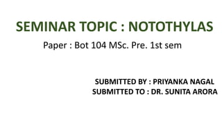 SEMINAR TOPIC : NOTOTHYLAS
Paper : Bot 104 MSc. Pre. 1st sem
SUBMITTED BY : PRIYANKA NAGAL
SUBMITTED TO : DR. SUNITA ARORA
 