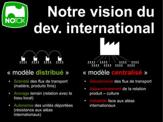 Notre vision du
               dev. international

« modèle distribué »                    « modèle centralisé »
●   Sobriété des flux de transport      ●   Gloutonnerie des flux de transport
    (matière, produits finis)           ●   Appauvrissement de la relation
●   Ancrage terrain (relation avec le       produit – culture
    tissu local)                        ●   Instabilité face aux aléas
●   Autonomie des unités déportées          internationaux
    (résistance aux aléas
    internationaux)
 