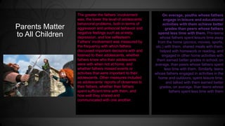 Parents Matter 
to All Children 
The greater the fathers’ involvement 
was, the lower the level of adolescents’ 
behavioral problems, both in terms of 
aggression and antisocial behavior and 
negative feelings such as anxiety, 
depression, and low selfesteem. 
Fathers’ involvement was measured by 
the frequency with which fathers 
discussed important decisions with and 
listened to their adolescents, whether 
fathers knew who their adolescents 
were with when not at home, and 
whether fathers missed events or 
activities that were important to their 
adolescents. Other measures included 
as adolescents’ reports of closeness to 
their fathers, whether their fathers 
spent sufficient time with them, and 
how well they shared and 
communicated with one another. 
On average, youths whose fathers 
engage in leisure and educational 
activities with them achieve better 
grades than peers whose fathers 
spend less time with them. Pre-teens 
whose fathers spent leisure time away 
from the home (picnics, movies, sports, 
etc.) with them, shared meals with them, 
helped with homework or reading, and 
engaged in other home activities with 
them earned better grades in school, on 
average, than peers whose fathers spent 
less time with them. Similarly, teens 
whose fathers engaged in activities in the 
home and outdoors, spent leisure time, 
and talked with them earned better 
grades, on average, than teens whose 
fathers spent less time with them 
 