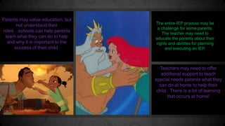 Parents may value education, but 
not understand their 
roles…schools can help parents 
learn what they can do to help 
and why it is important to the 
success of their child. 
The entire IEP process may be 
a challenge for some parents. 
The teacher may need to 
educate the parents about their 
rights and abilities for planning 
and executing an IEP. 
Teachers may need to offer 
additional support to teach 
special needs parents what they 
can do at home to help their 
child. There is a lot of learning 
that occurs at home! 
 