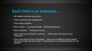 Each Child is an Individual…. 
• NO matter what their back story… 
• Their socioeconomic background…. 
• Their family situation…. 
• Rich or Poor…. Involved Parents…Parents that Ignore… 
• Busy Lifestyles…. Nothing fun to do…. 
• Each child has one thing in common…. Their reason for being in your 
classroom 
• How do we look at room of students….each one so different yet the same? 
How do we help that many kids? It seems like an overwhelming task for one 
teacher! 
 