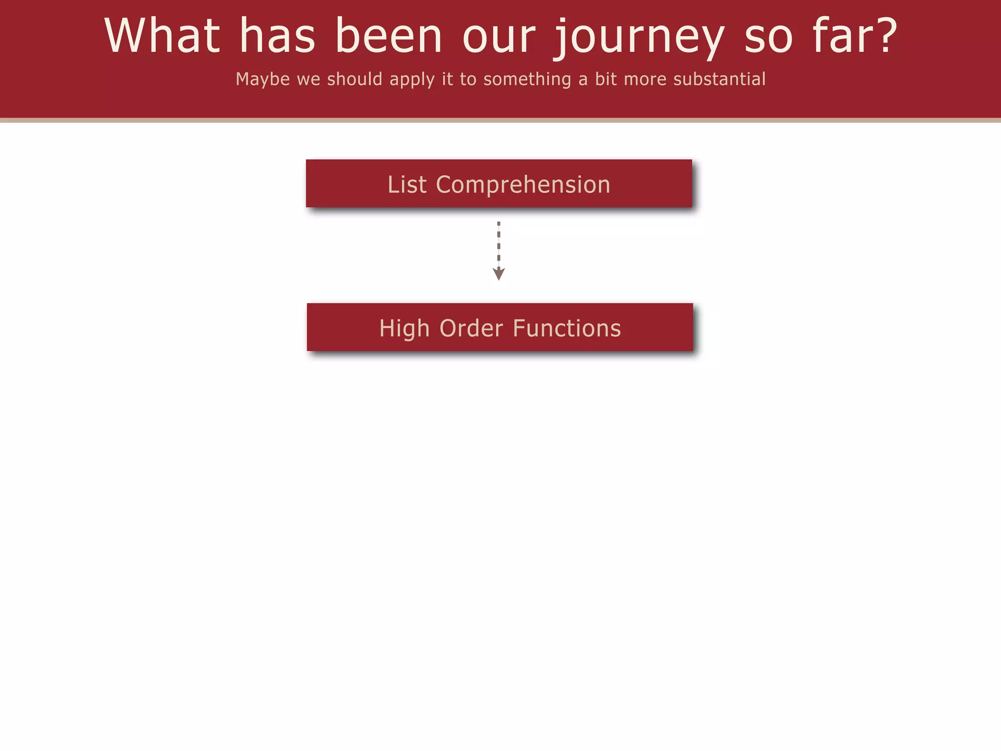 What has been our journey so far?
     Maybe we should apply it to something a bit more substantial




                      List Comprehension




                     High Order Functions
 
