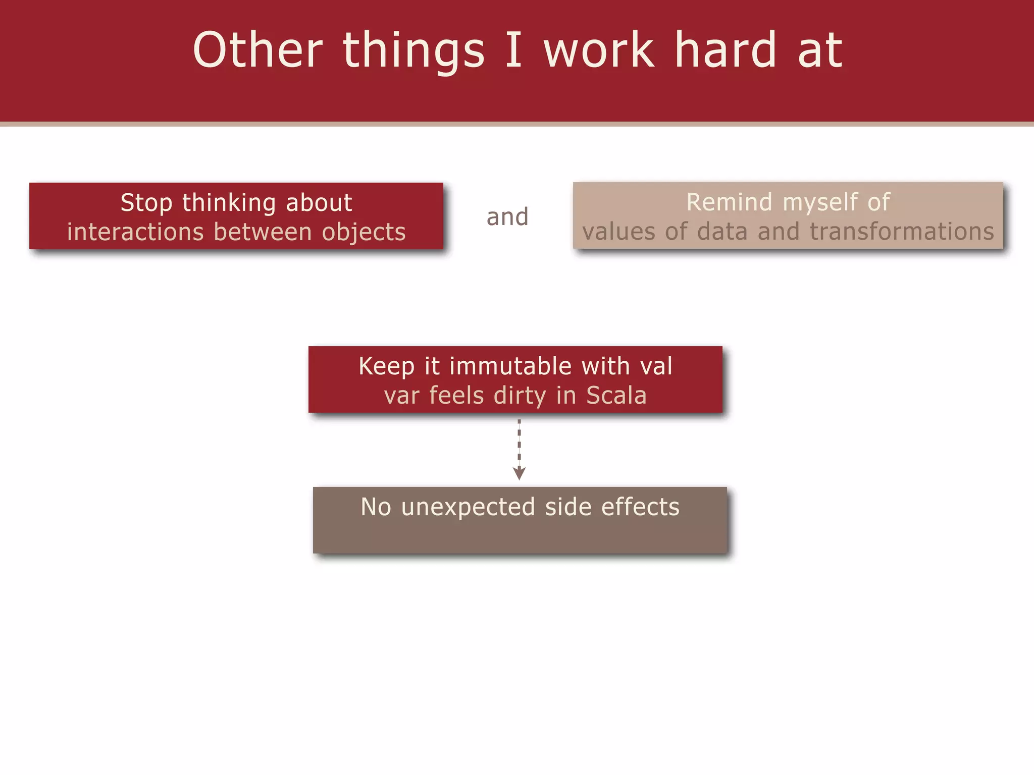 Other things I work hard at

     Stop thinking about                           Remind myself of
                                  and
interactions between objects              values of data and transformations




                        Keep it immutable with val
                          var feels dirty in Scala



                        No unexpected side effects
 