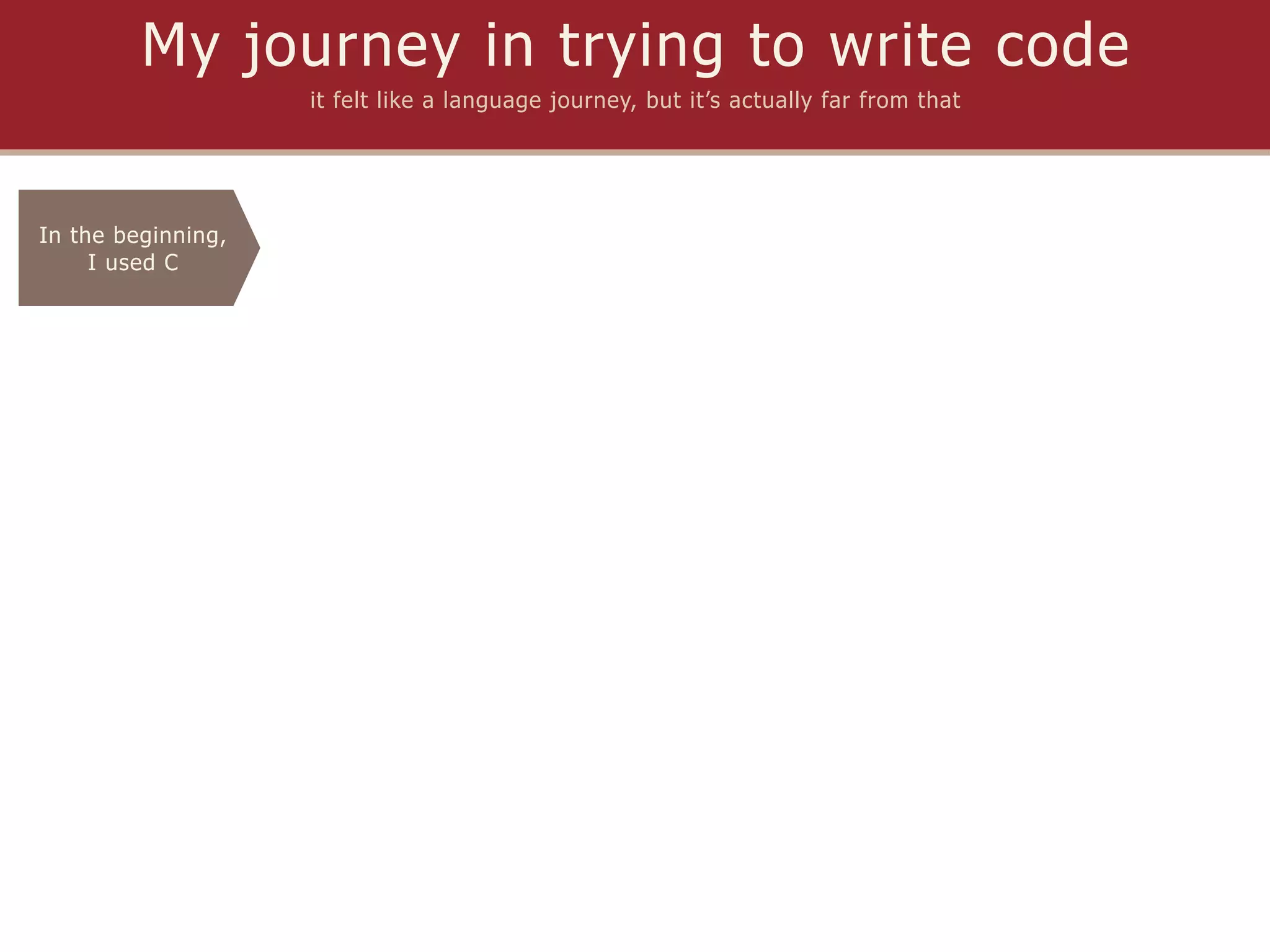 My journey in trying to write code
                    it felt like a language journey, but it’s actually far from that




In the beginning,
     I used C
 