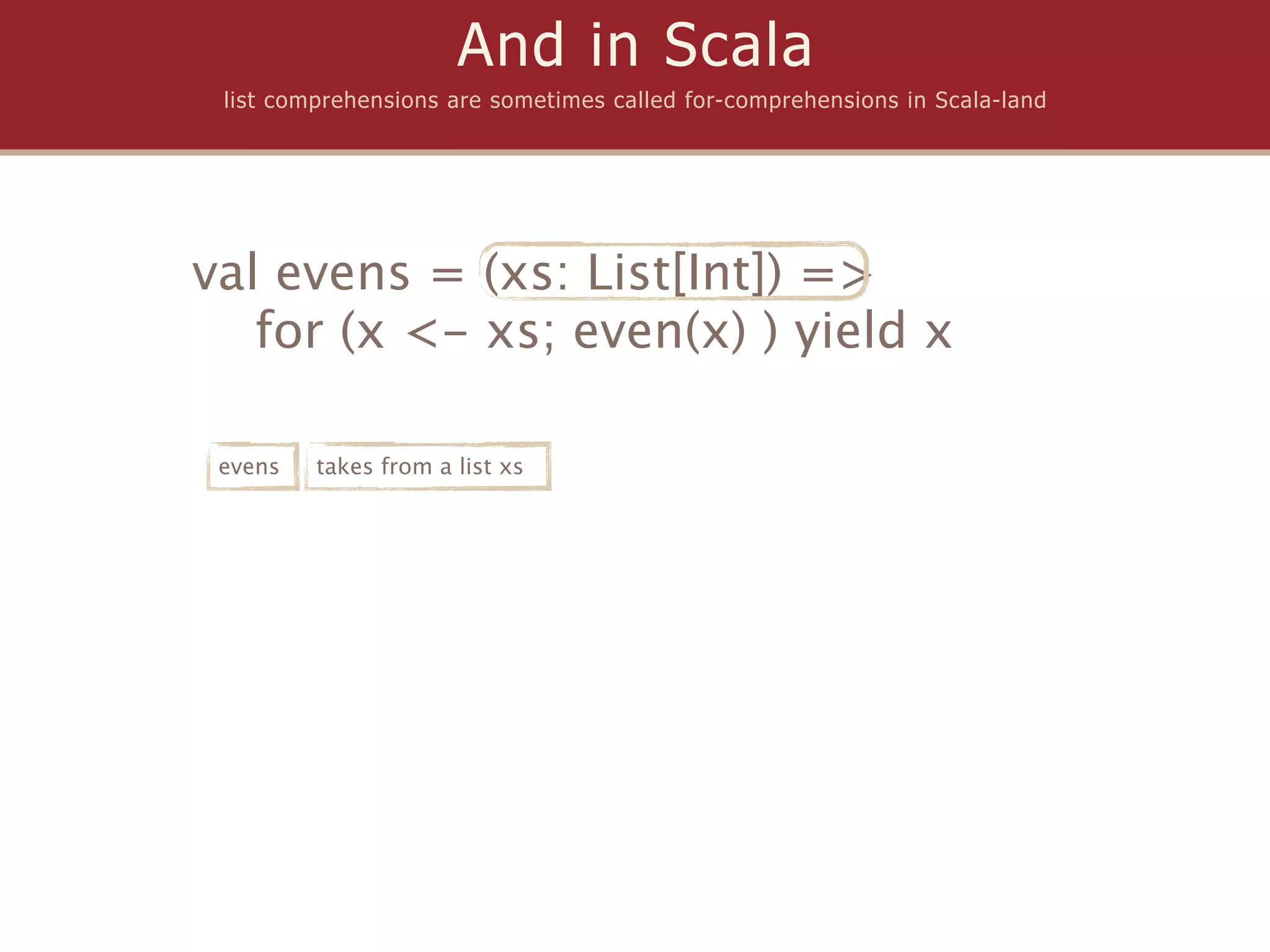 And in Scala
 list comprehensions are sometimes called for-comprehensions in Scala-land




val evens = (xs: List[Int]) =>
   for (x <- xs; even(x) ) yield x

 evens   takes from a list xs
 